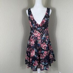 Betsey Johnson Babydoll Mini Dress Womens 10 Pink Black Floral Y2K Whimsigoth